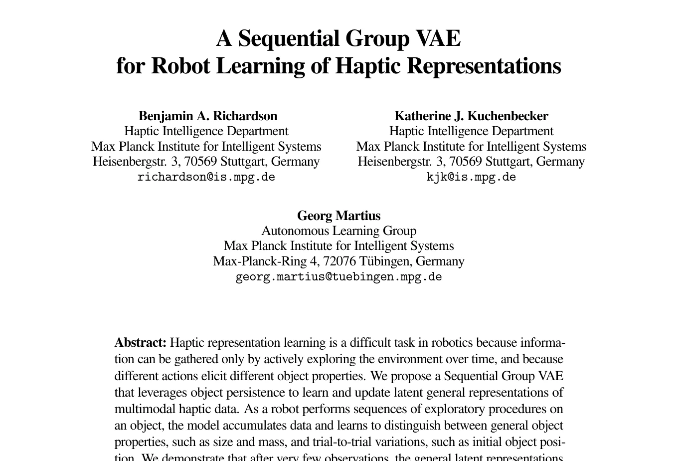 A Sequential Group VAE for Robot Learning of Haptic Representations